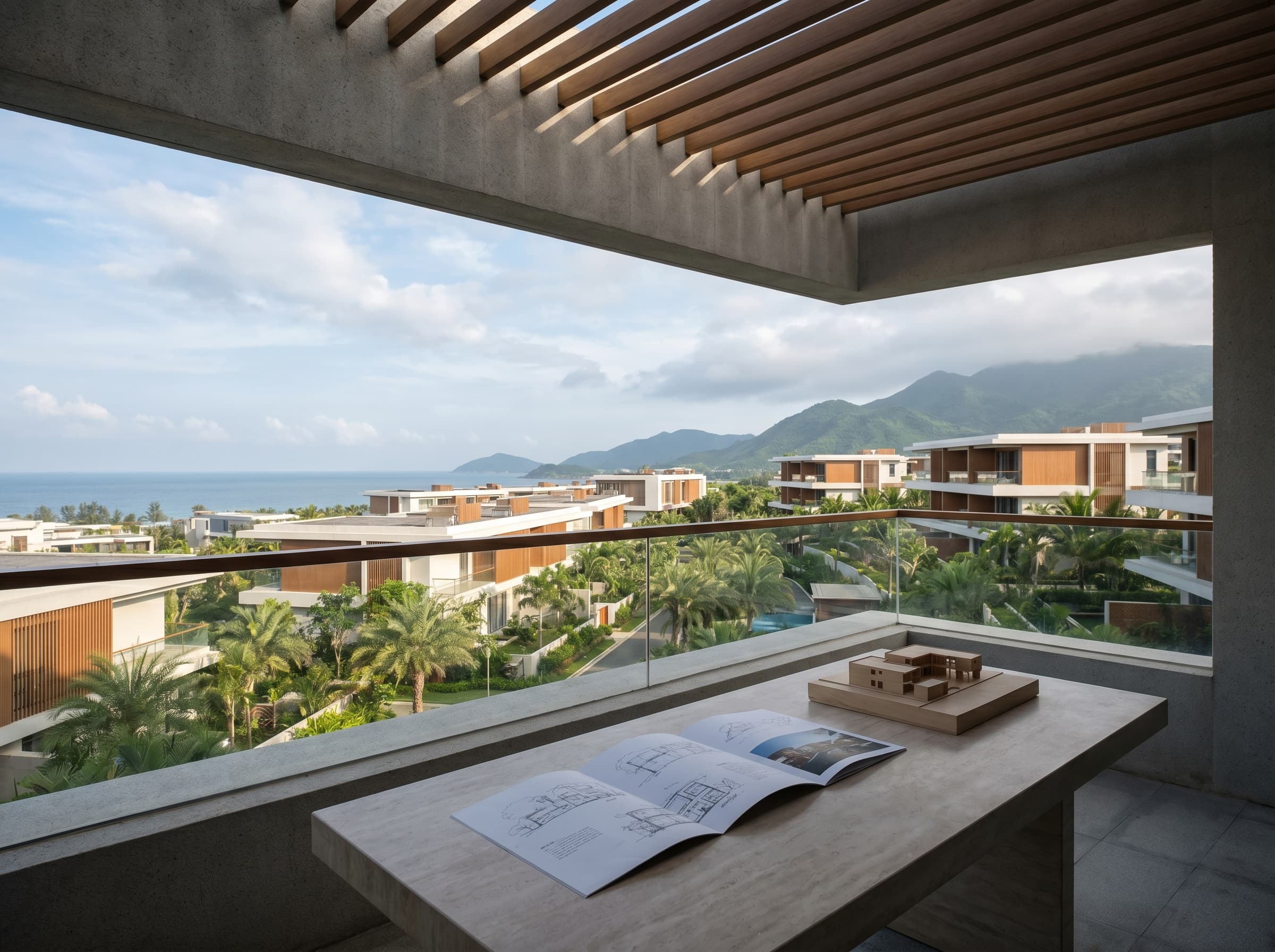 A calm modern Hainan residential development viewed from a shaded balcony with an ocean backdrop.